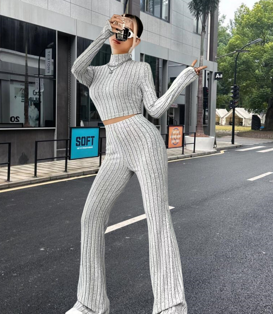 Damen Strick-Crop-Top und Palazzo-Hosen Set WW