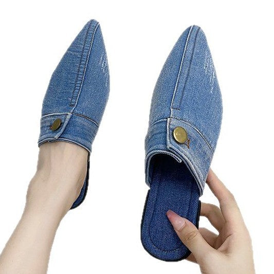 Damen Offene Mules mit elegantem Denim-Design und modischer Spitze W&W Mode