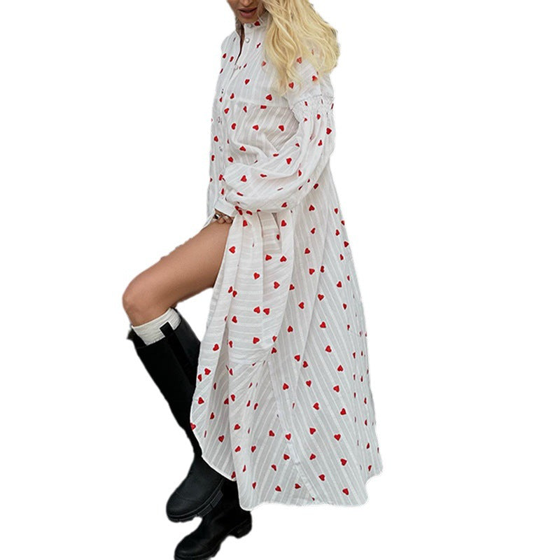Damen Baumwoll-Maxi-Kleid mit Herzen und langen Ärmeln WW
