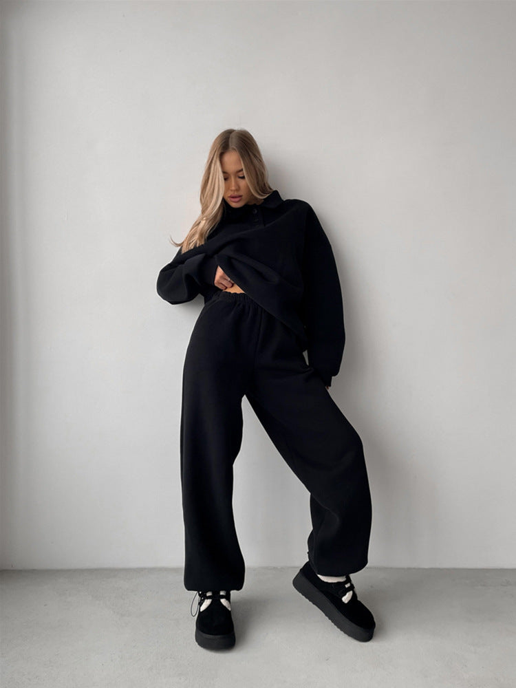 Damen sportliches Fleece-Set mit weiten Hosen und Polokragen WW