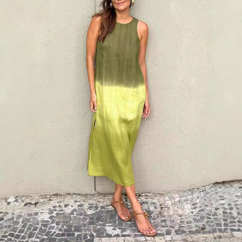 W&W Mode | Baumwolle Leinen Ärmelloses Schlitz Gradient Kleid