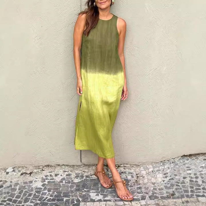 W&W Mode | Baumwolle Leinen Ärmelloses Schlitz Gradient Kleid