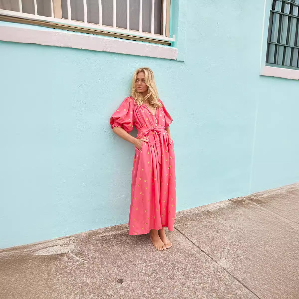 Damen Sommerkleid mit Puffärmeln und goldenen Details WW