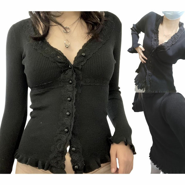 Damen Strickoberteil mit romantischem Spitzenbesatz und Rüschendetails WW