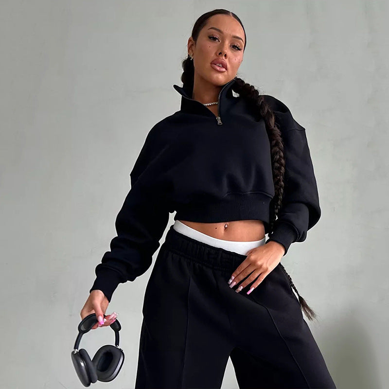 Damen sportliches Crop-Pullover-Set mit hohem Kragen und elastischem Bund WW