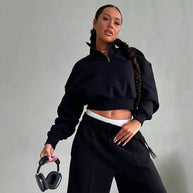 Damen sportliches Crop-Pullover-Set mit hohem Kragen und elastischem Bund WW