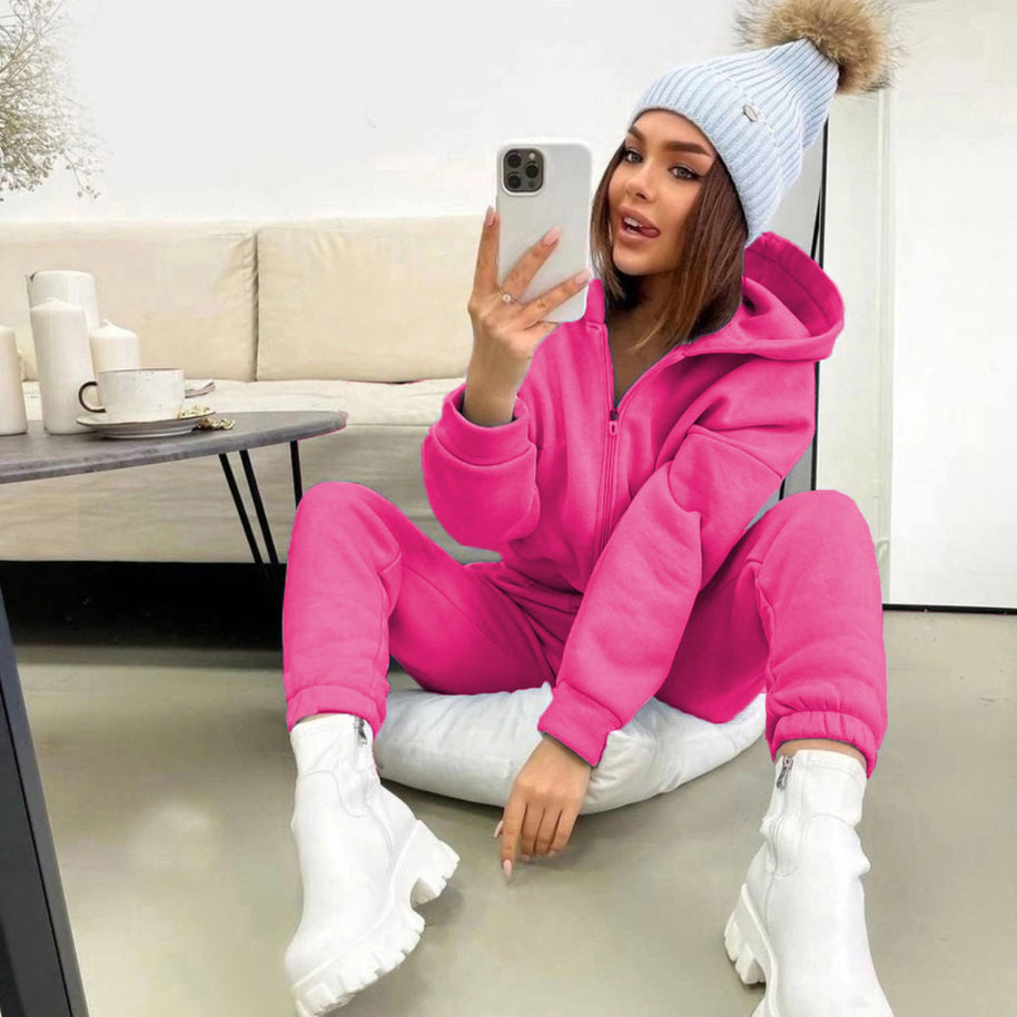 Damen bequemer Fleece-Jumpsuit mit Kapuze und seitlichem Reißverschluss WW