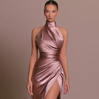 WW | Brautjungfernkleid Satin Halter Offene Rückseite Ärmellos Elegant Hochzeit Cocktail Zeremonie Gast