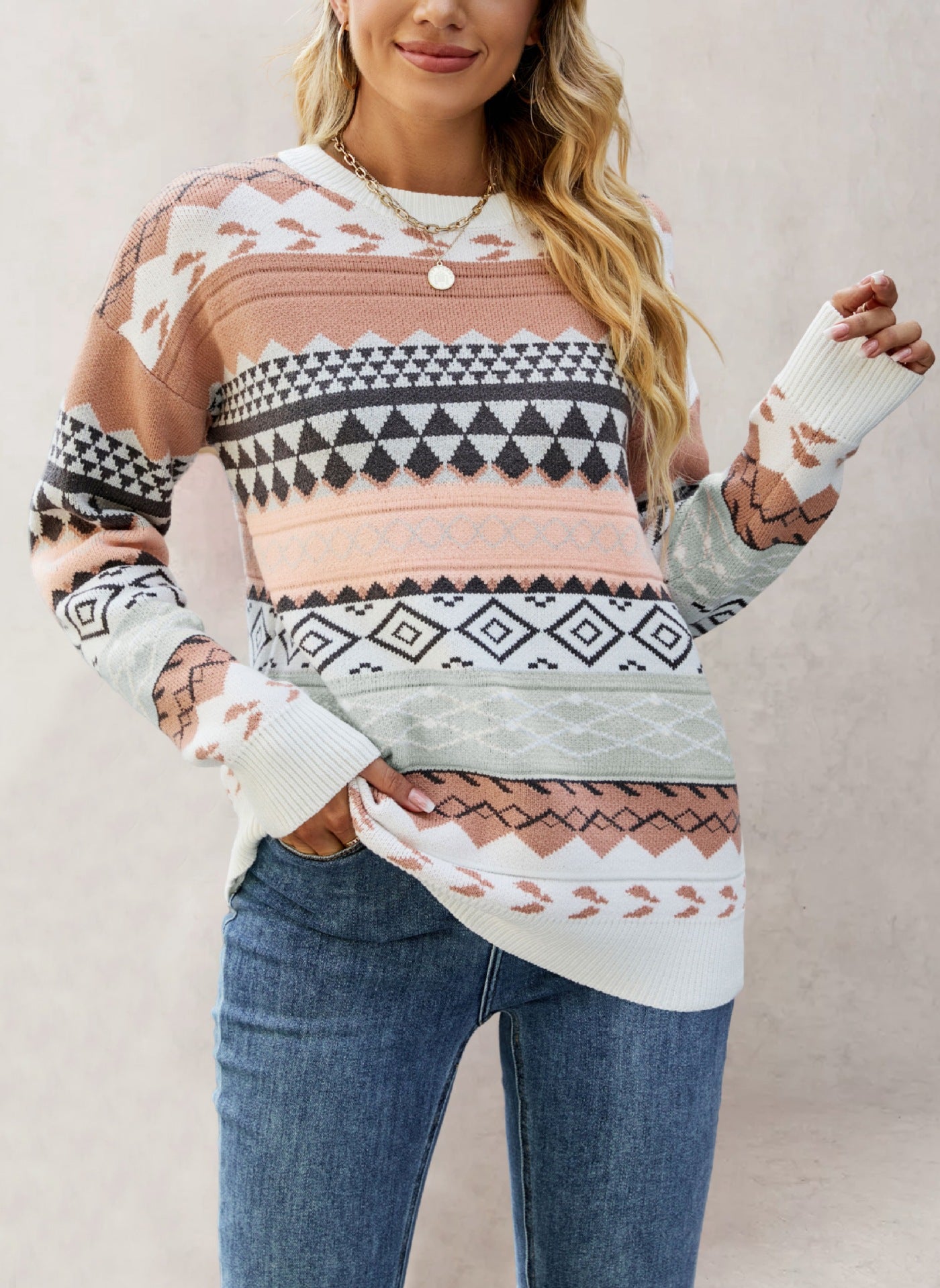 Damen Strickpullover mit geometrischem Muster WW