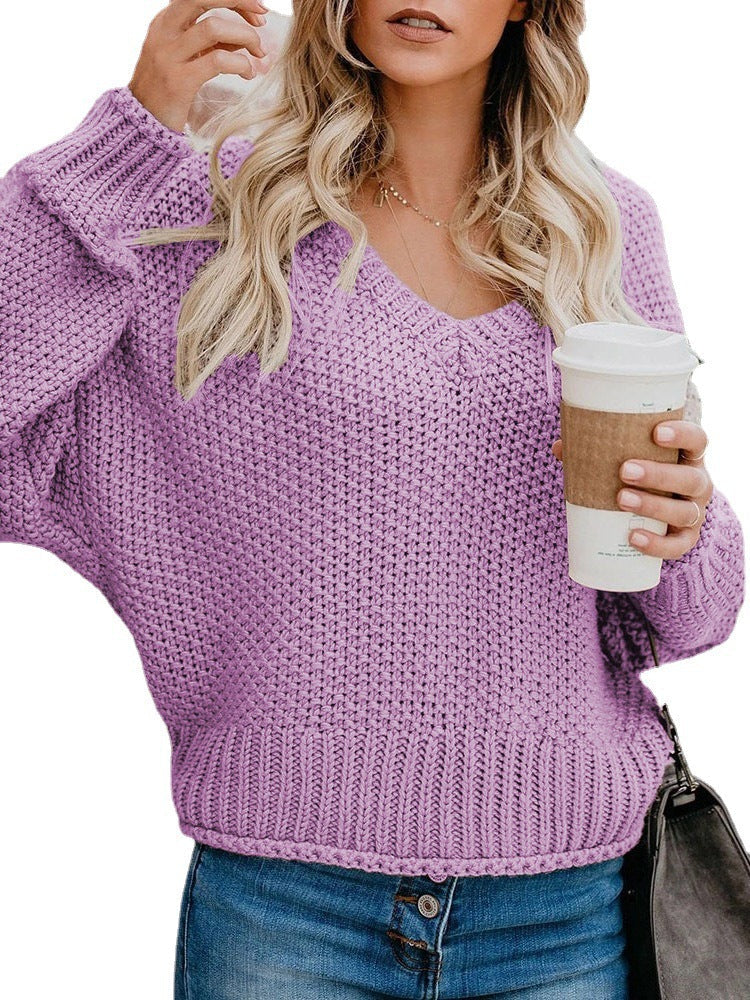 Damen Grobstrickpullover mit tiefem V-Ausschnitt und lockerer Passform W&W Mode