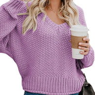 Damen Grobstrickpullover mit tiefem V-Ausschnitt und lockerer Passform WW