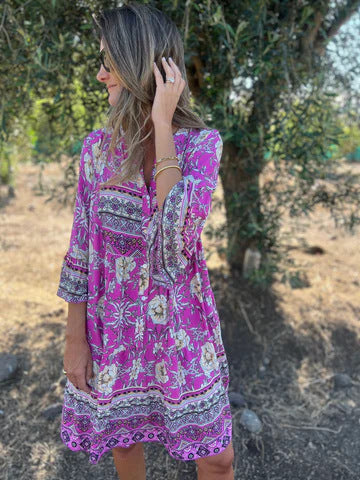 Damen Boho-Chic Kleid mit floralen Mustern und Knopfleiste WW