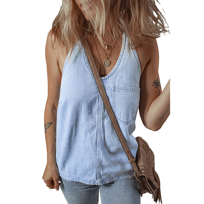Damen ärmelloses Denim-Top mit praktischem Brusttaschen WW
