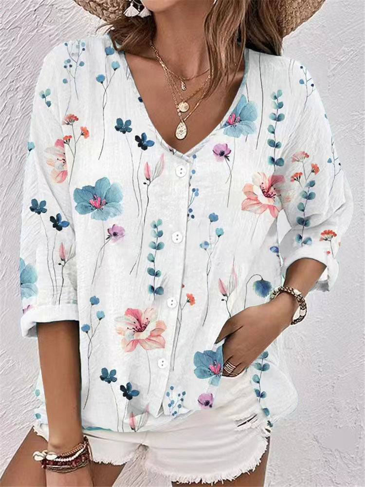 Damen lässige Bluse mit floralem Design und modernen Knopfdetails WW
