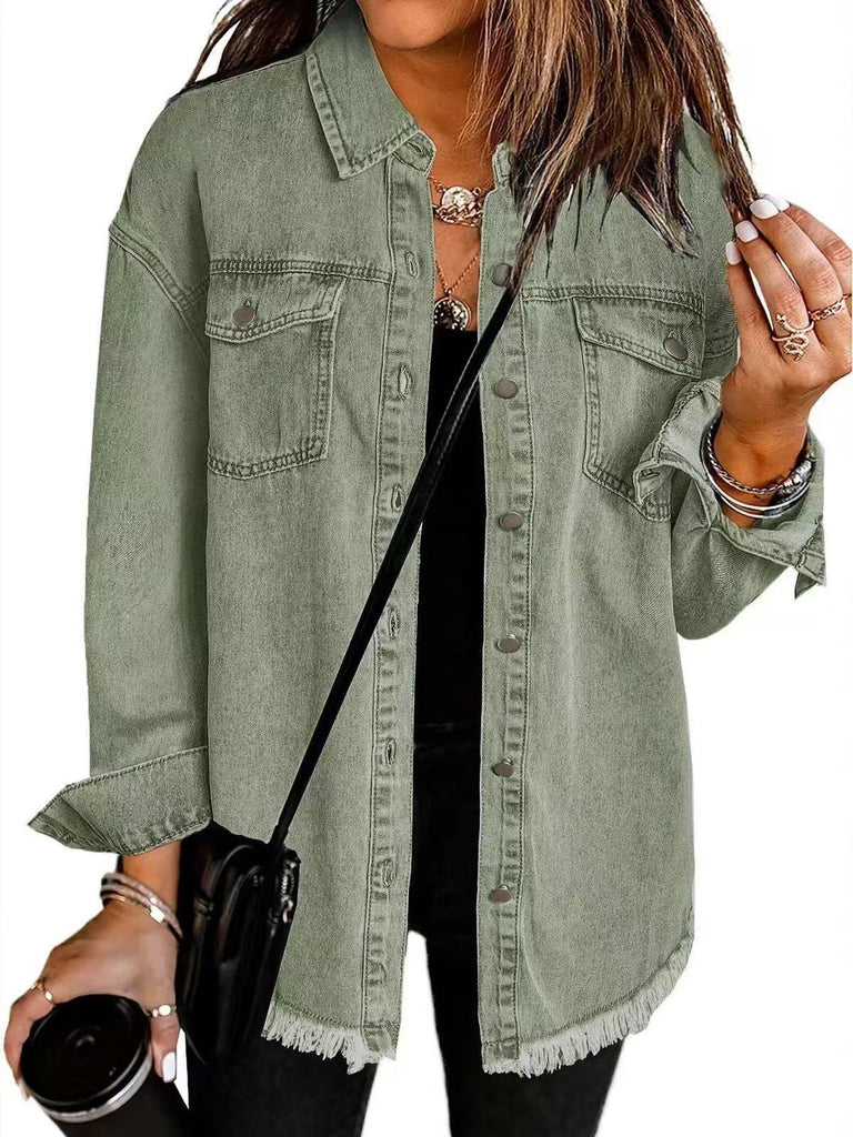 Damen Oversized Jeanshemd mit Fransen WW