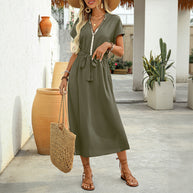 Damen elegantes Midikleid mit Taillengürtel und V-Ausschnitt WW