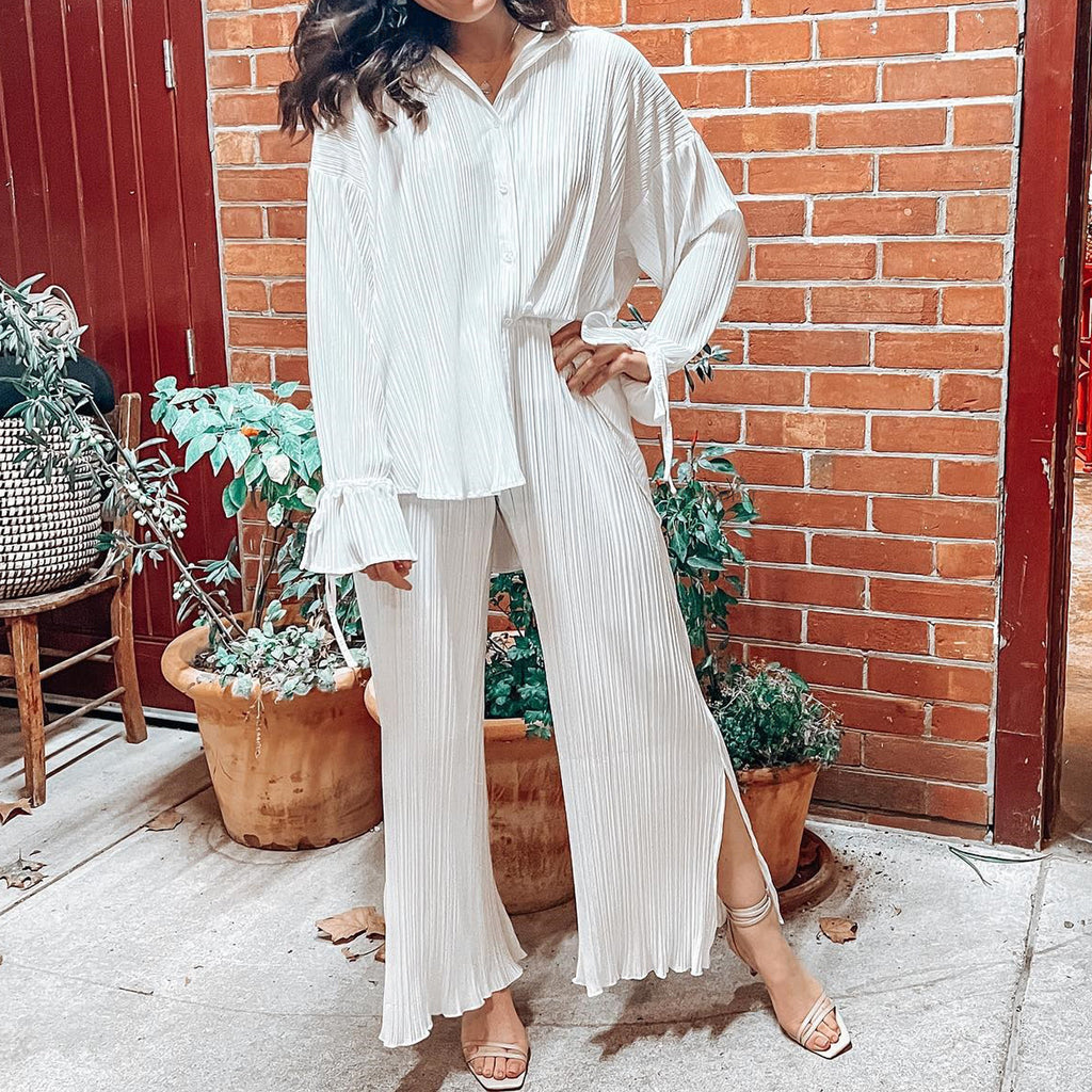Damen lässiger Plisseehosen-Set mit offenem Kimono WW