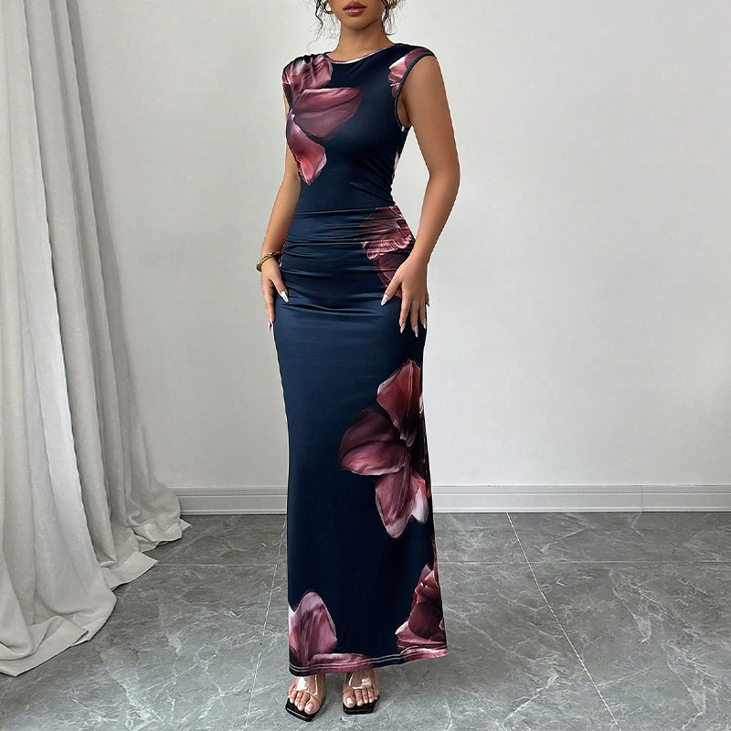 Damen elegantes Maxi-Kleid mit floralem Drapierungsdesign und figurbetonendem Schnitt WW