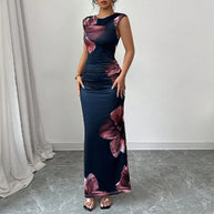 Damen elegantes Maxi-Kleid mit floralem Drapierungsdesign und figurbetonendem Schnitt WW