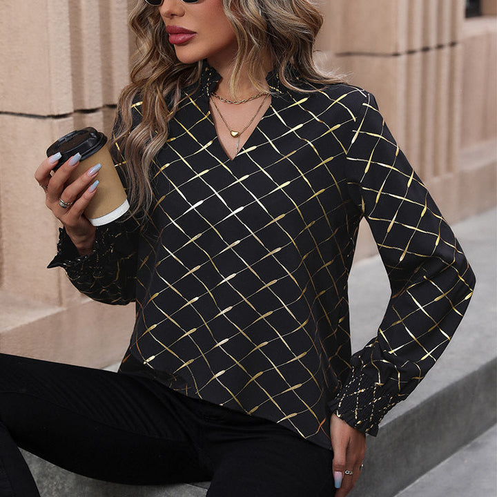Damen Bluse mit elegantem Rautenmuster und Puffärmel W&W Mode
