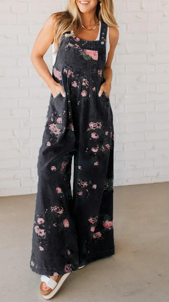Damen lässiger Jeansoverall mit floralen Details und praktischen Taschen WW