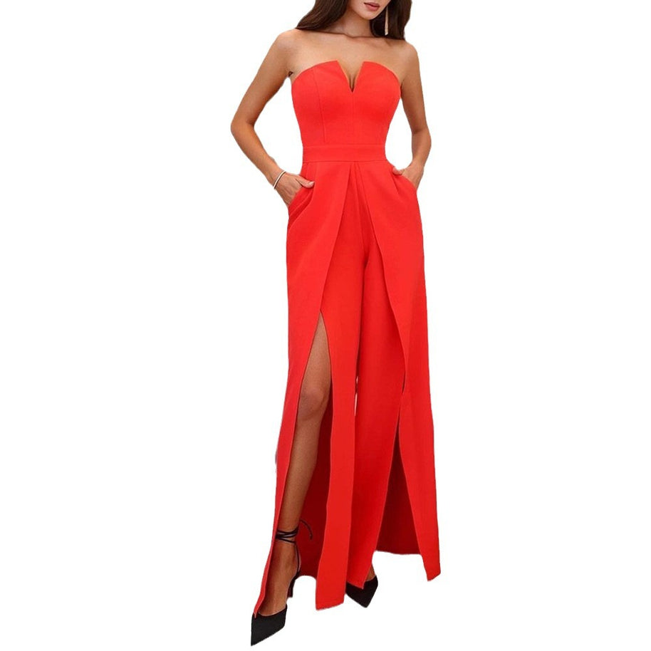 Damen Elegantes Trägerloses Jumpsuit mit weit ausgestellten Beinen und Taschen WW