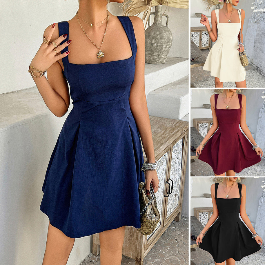 Damen A-Linien Kleid mit quadratischem Ausschnitt und weitem Rock WW