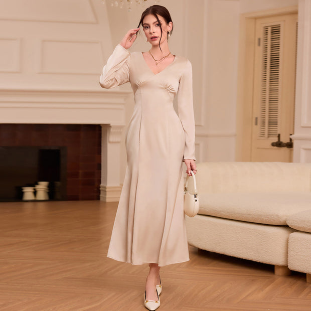 Damen elegantes Satin-Kleid mit V-Ausschnitt und langem Arm W&W