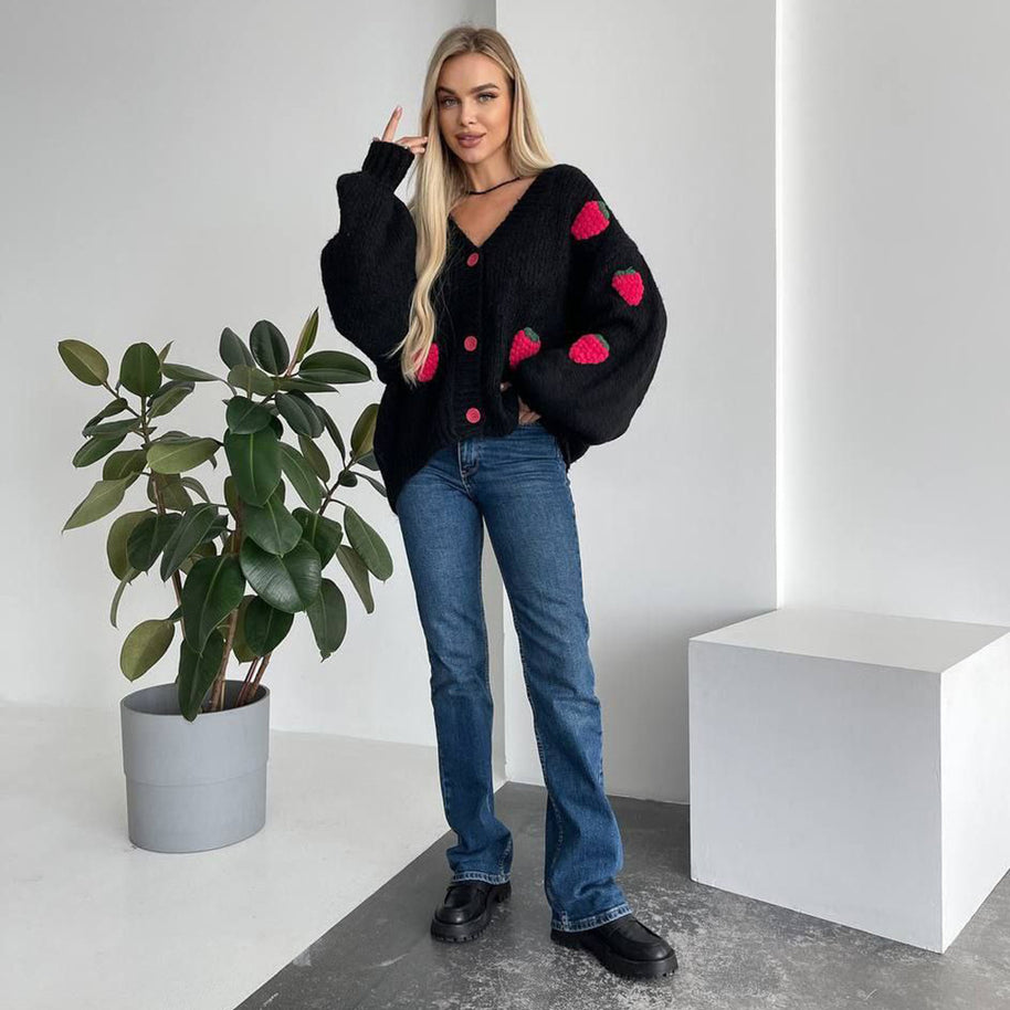 Damen Strickjacke mit verspieltem Erdbeermuster und weiten Ärmeln WW