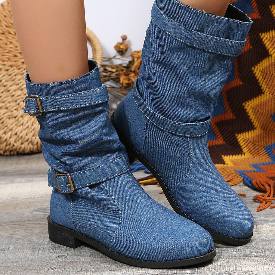 Damen Stiefeletten mit modischem Falten-Design und verstellbarem Riemen WW