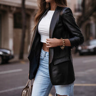 Damen Kunstleder Blazerjacke mit modernem Schnitt und schickem Revers WW
