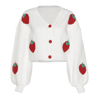 Damen Strickjacke mit Erdbeer-Applikationen und weit geschnittenen Ärmeln WW