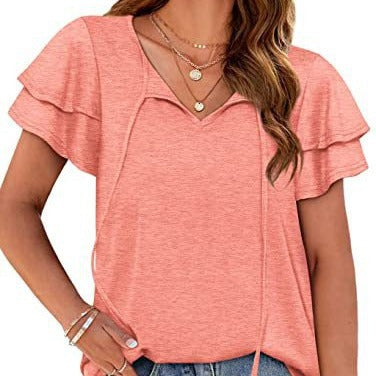 Damen lässiges V-Ausschnitt Blusenshirt mit Rüschendetails WW