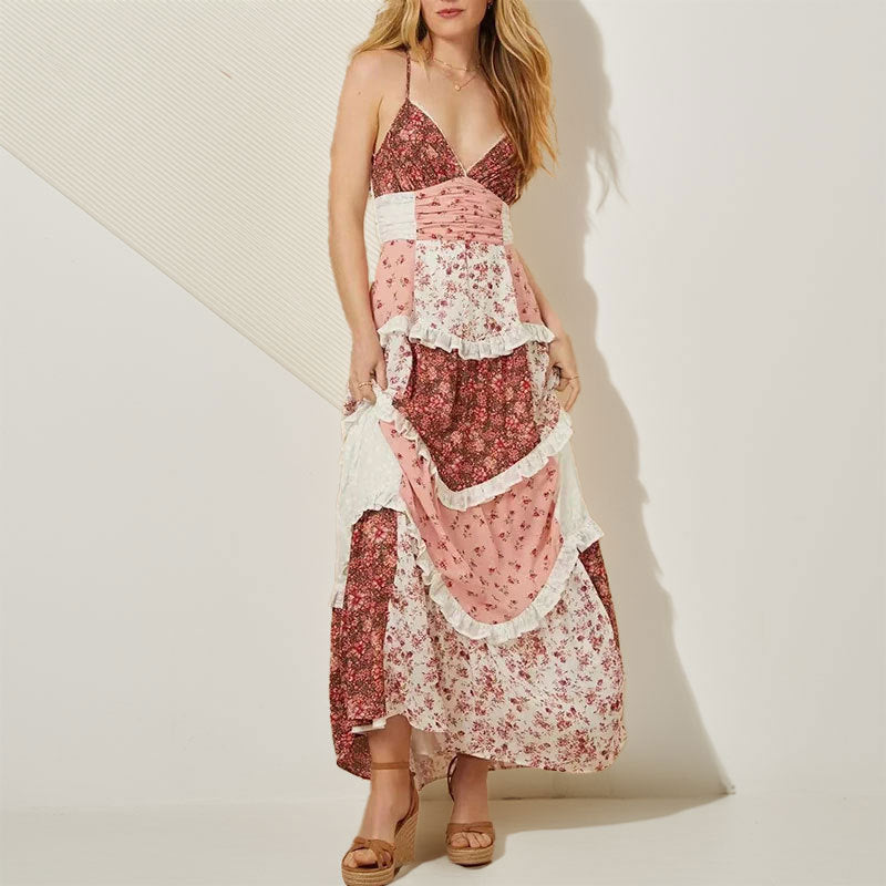 Damen Maxikleid mit zarten Rüschen und floralen Patchwork-Design W&W Mode
