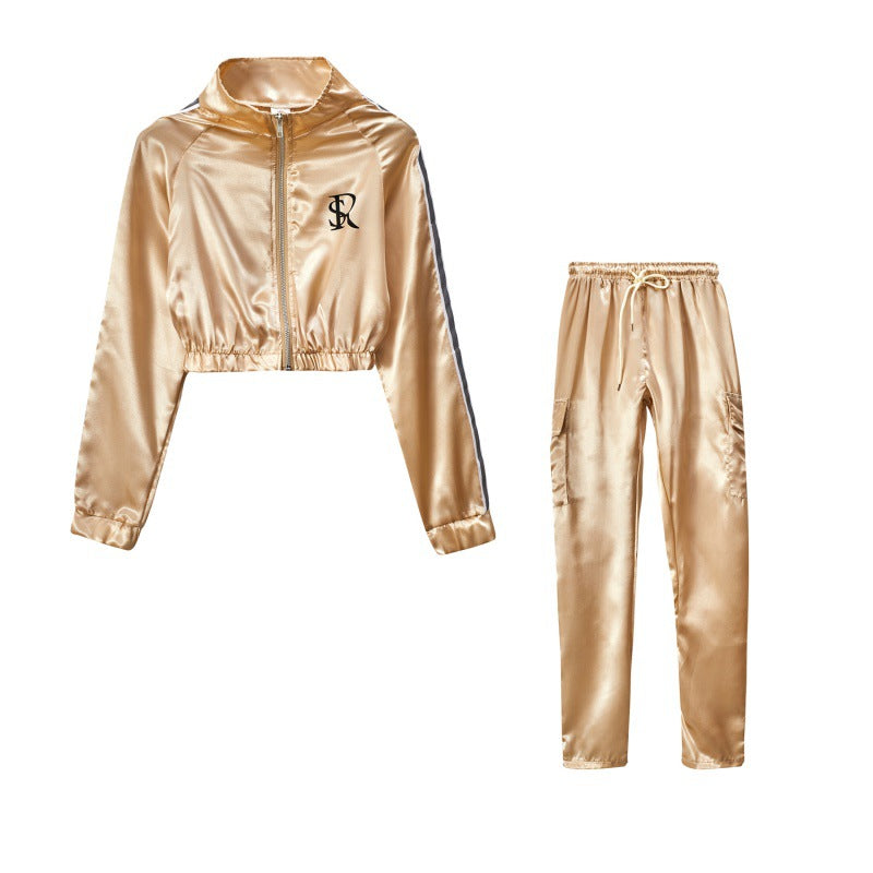 Damen Sportliches Trainingsanzug-Set mit cropped Jacke und Jogginghose WW