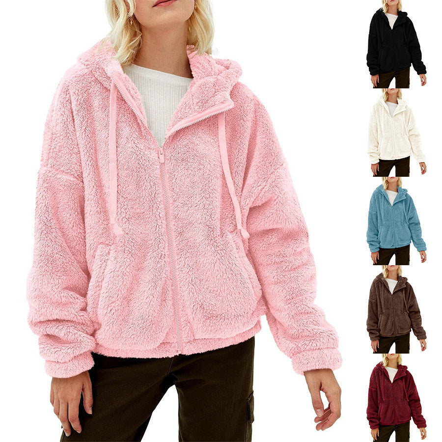 Damen Flauschige Kapuzenjacke mit praktischen Taschen und Reisverschluss WW