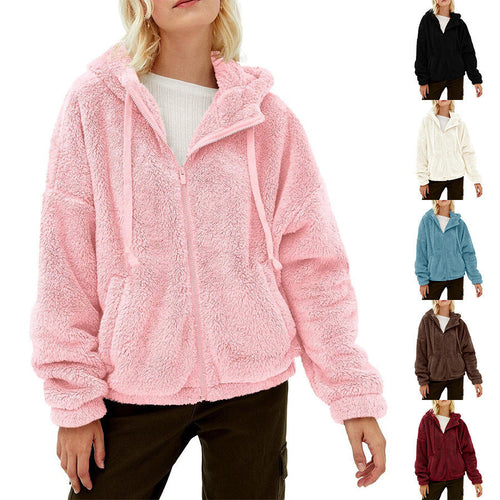 Damen Flauschige Kapuzenjacke mit praktischen Taschen und Reisverschluss W&W Mode