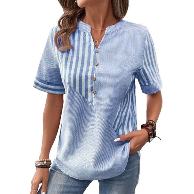 WW V-Ausschnitt Asymmetrisches Streifen-Patchwork-Top