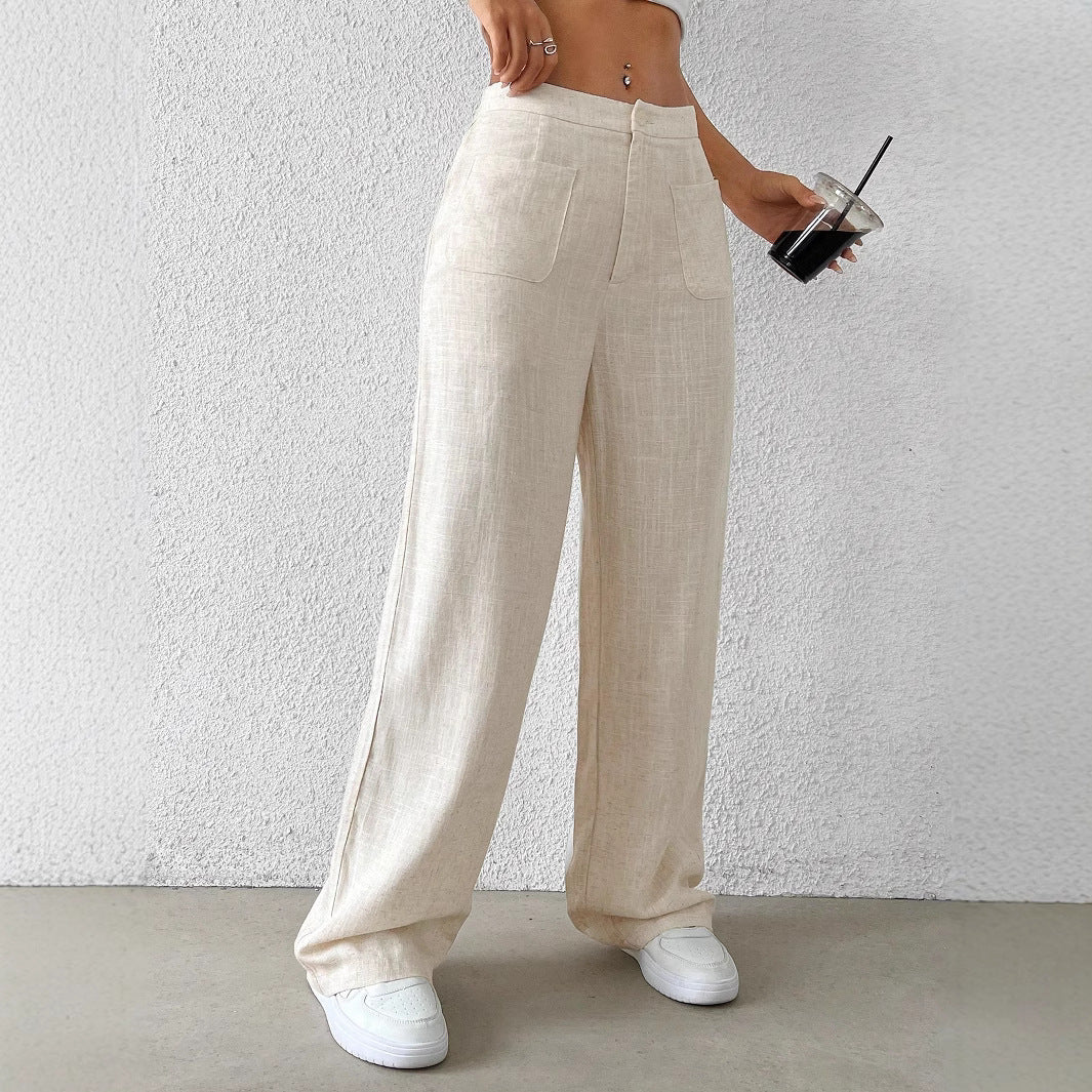 Damen weite Leinenhose mit elastischem Bund und praktischen Taschen WW