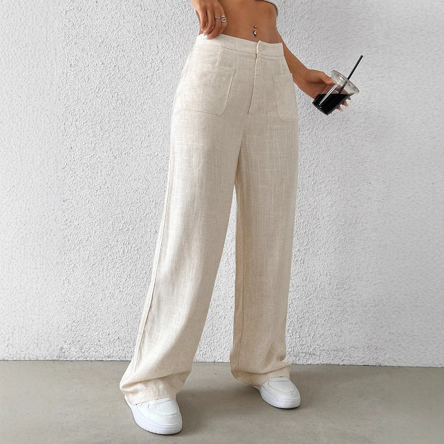 Damen weite Leinenhose mit elastischem Bund und praktischen Taschen WW