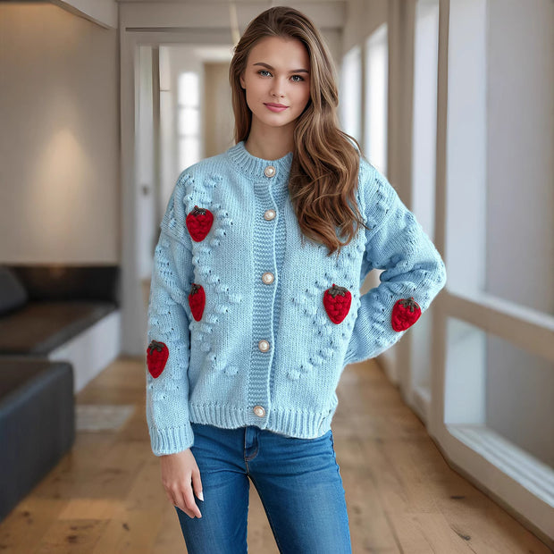 Damen Strickjacke mit verspieltem Erdbeermotiv und Knopfdetails WW