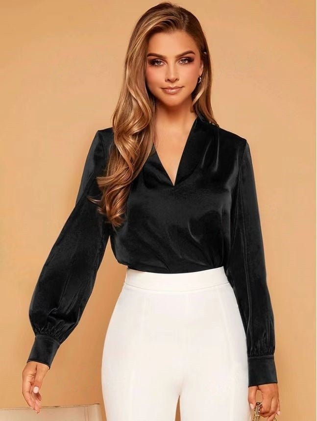 WW | V-Ausschnitt Langarm Satin Bluse