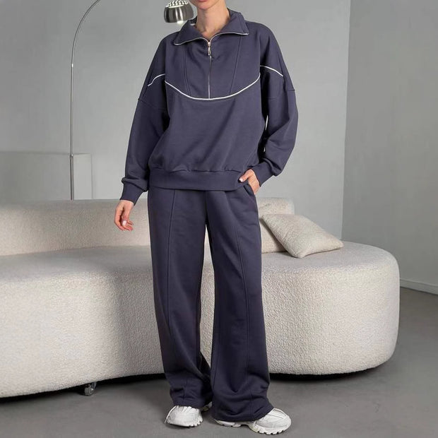 Damen sportliches Sweat-Set mit Reißverschluss und weit geschnittenen Hosen WW