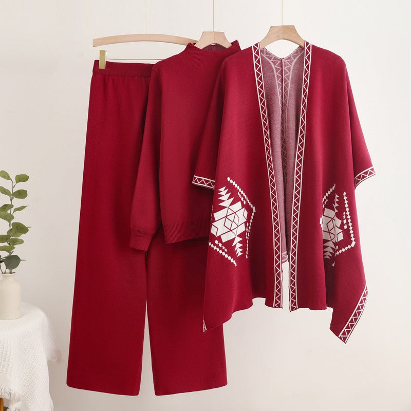 Damen Strick-Loungewear-Set mit außergewöhnlichem Poncho-Stil WW