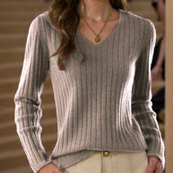 Damen Strickpullover mit V-Ausschnitt und feinem Rippenstrickdesign WW