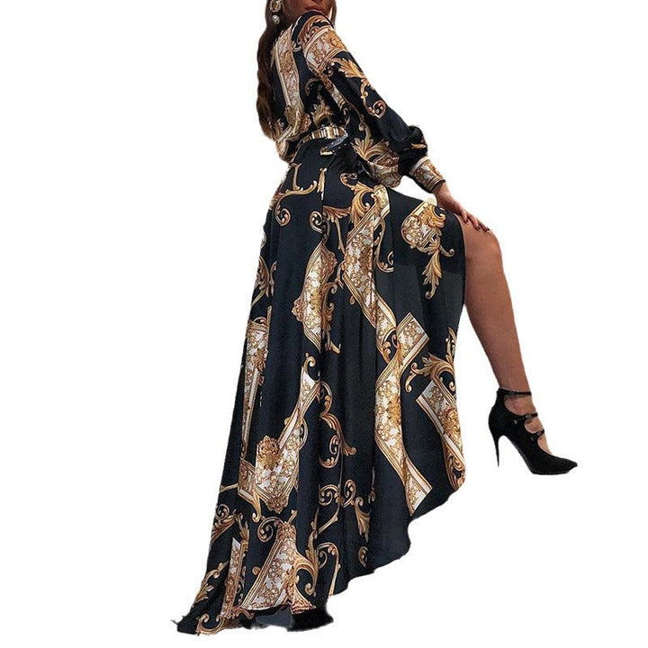 Damen Asymmetrisches Maxikleid mit elegantem Barockmuster und tiefem Schlitz W&W Mode