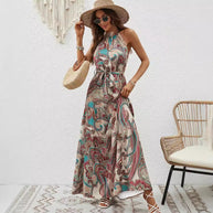 Damen Maxikleid im Boho-Stil mit hohem Kragen und Bindegürtel WW
