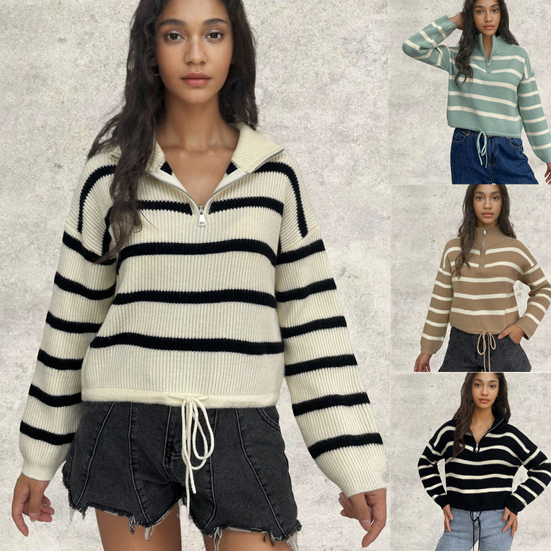 Damen Strickpullover mit Stehkragen und Kordelzug WW