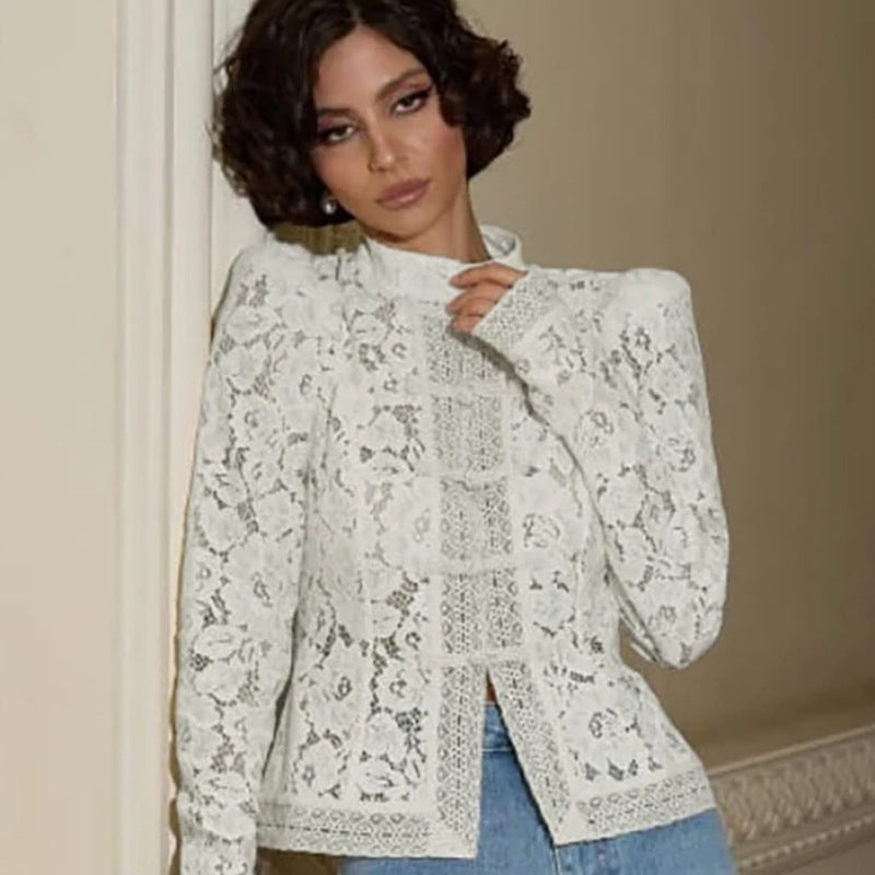 Damen Spitzen-Bluse mit feinen Rüschendetails und transparenten Ärmeln WW