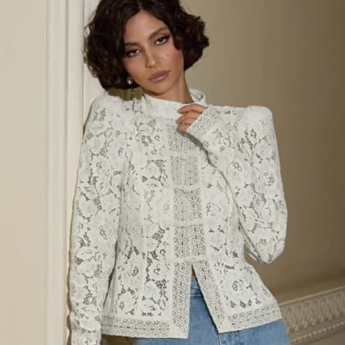 Damen Spitzen-Bluse mit feinen Rüschendetails und transparenten Ärmeln WW